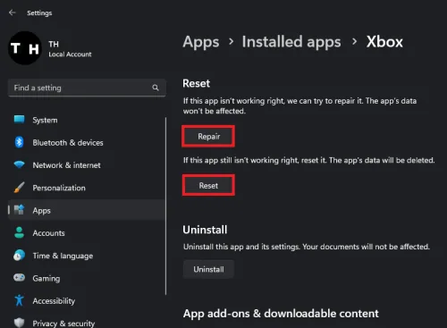 repair and reset xbox app
