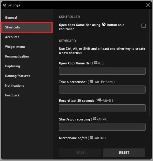 Xbox Game Bar Settings > Shortcuts