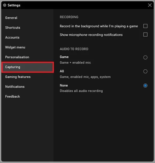 Capturing Settings > Background Recording