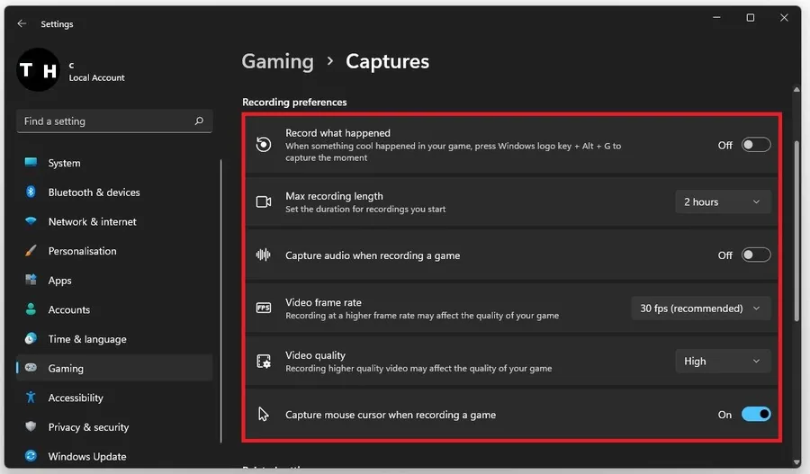 Windows Gaming Settings > Captures > Recording Preferences