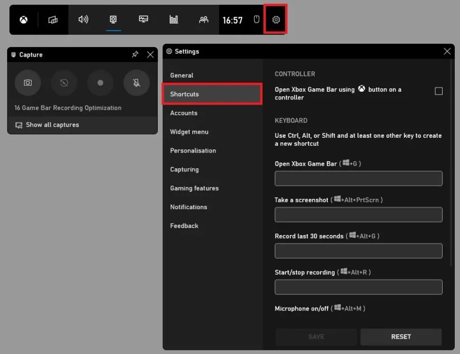 Xbox Game Bar Settings > Shortcuts