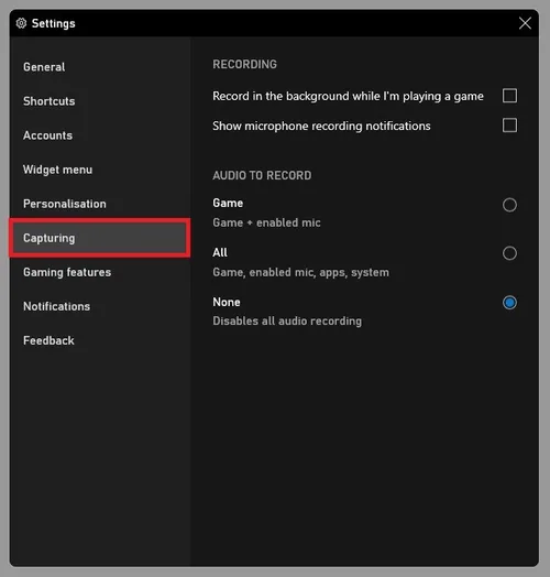 Xbox Game Bar Settings > Capturing
