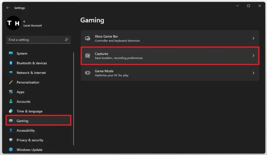 Windows Gaming Settings > Captures