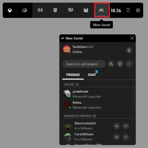 Xbox Game Bar > Xbox Social Widget