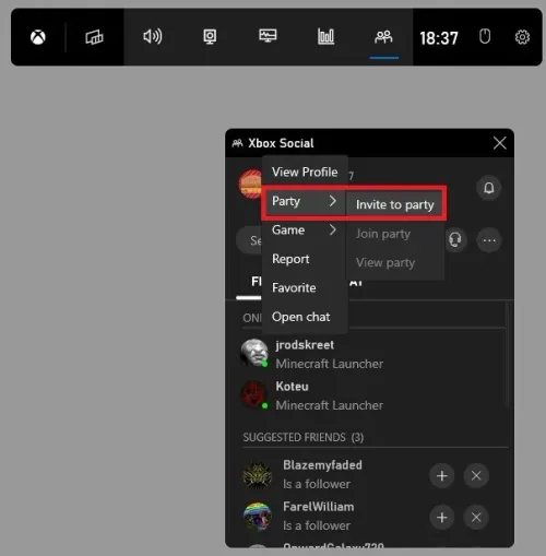 Xbox Social Widget > Party > Invite to Party