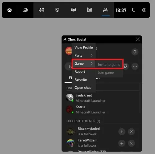 Xbox Social > Game > Invite to Game