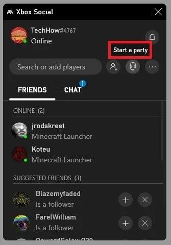 Xbox Social > Start a party