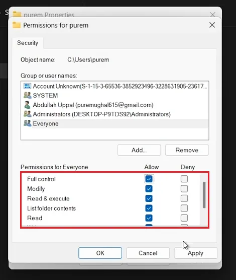 change folder permissions