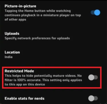 disable restricted mode on mobile