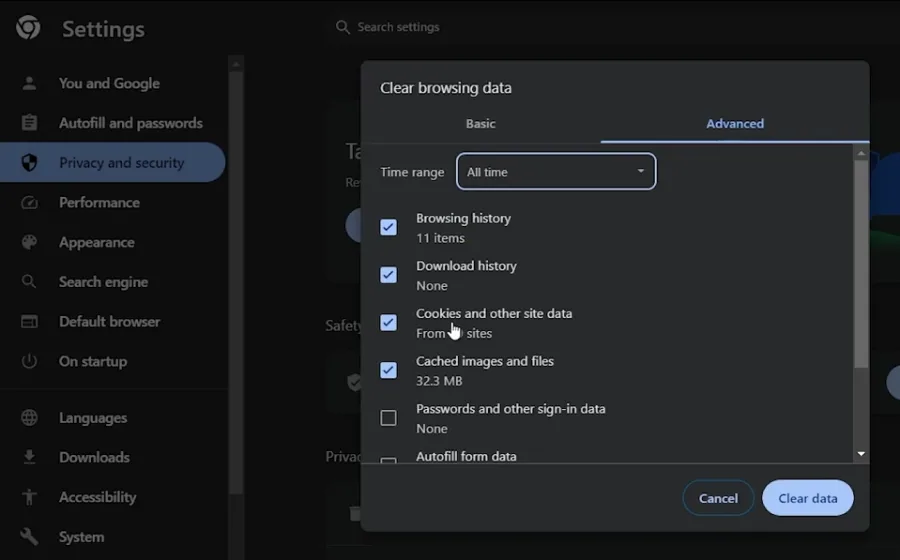 clear browsing data