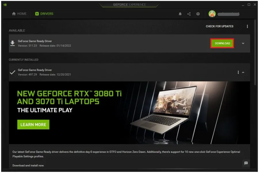 GeForce Experience > Drivers > Download