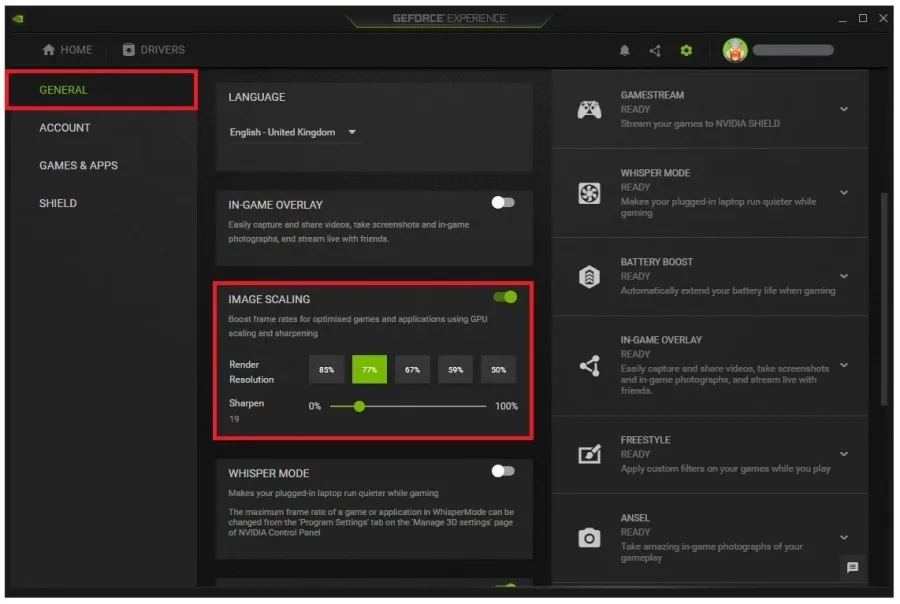 GeForce Experience > General Settings > Image Scaling