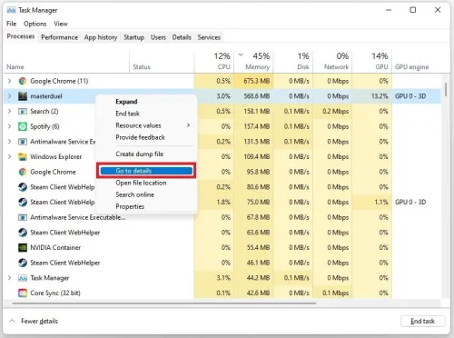 Task Manager > Processes > MasterDuel > Go to details