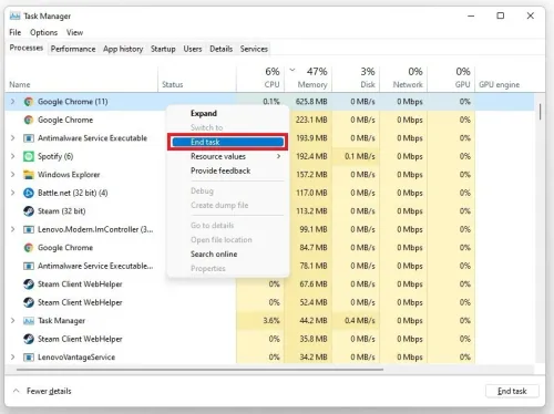 Task Manager > Processes > End Task