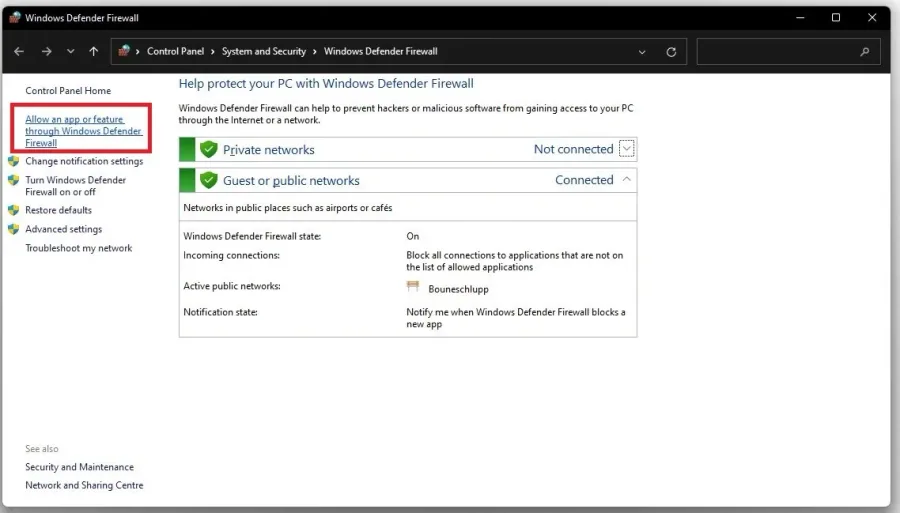 Windows Defender Firewall > Allow an app through Firewall