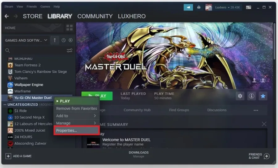 Steam Library > Yu-Gi-Oh! Master Duel > Properties