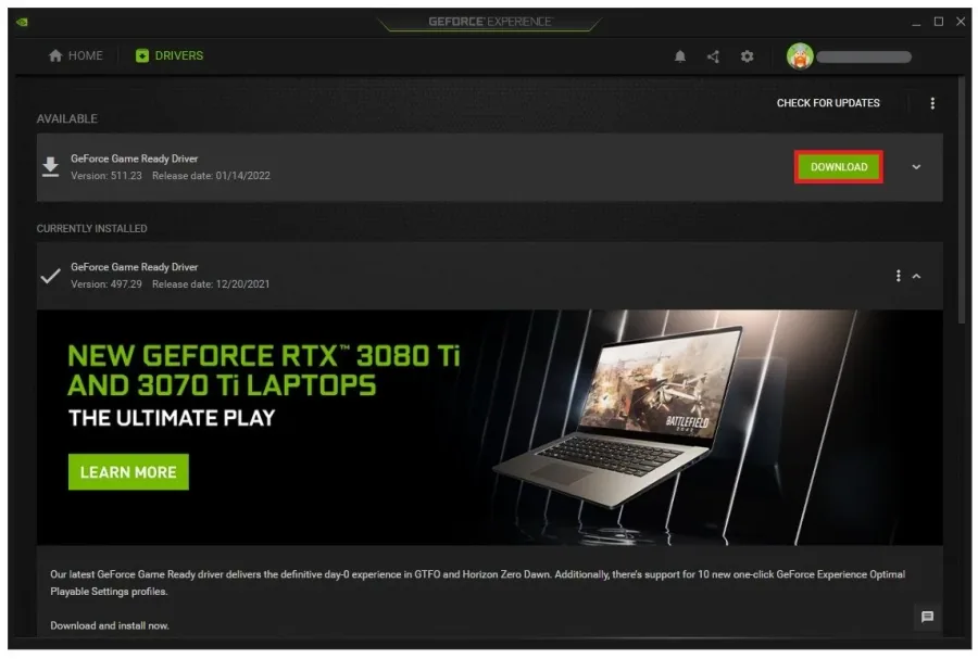 GeForce Experience > Drivers > Download
