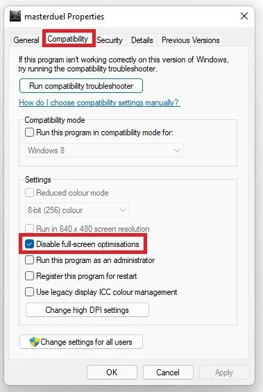 Disable Fullscreen Optimizations for Yu-Gi-Oh!