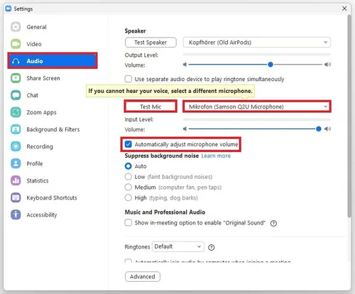 Zoom Settings > Audio > Microphone
