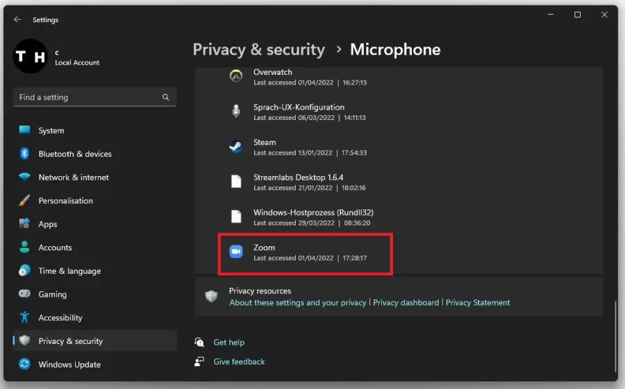 Privacy & Security > Microphone > Zoom