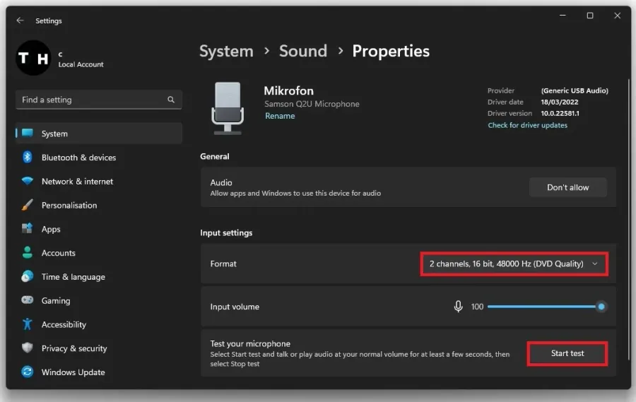 Sound Input Properties > Input Settings