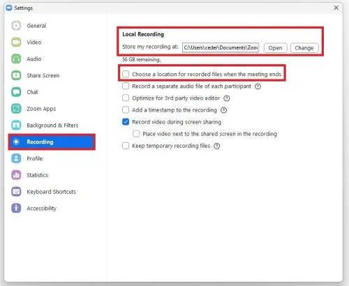 Zoom Settings > Recording > Local Recording