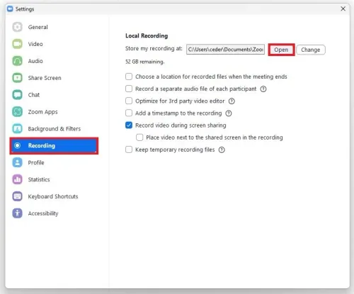 Zoom Settings > Recording > Local Recording > Open