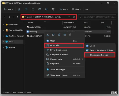 Zoom Folder > Recording > Open With > More Apps