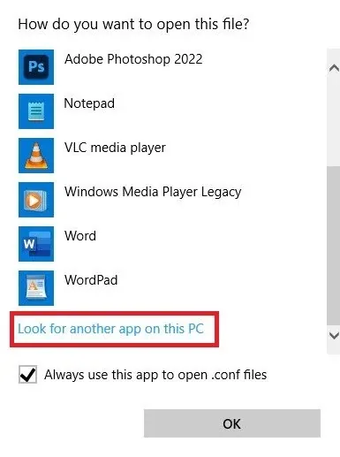 How do you want to open this file? > Look for another app on this PC