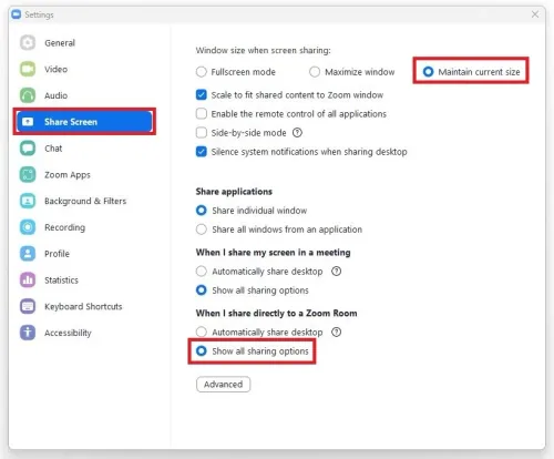 Zoom Settings > Share Screen > Show all sharing options