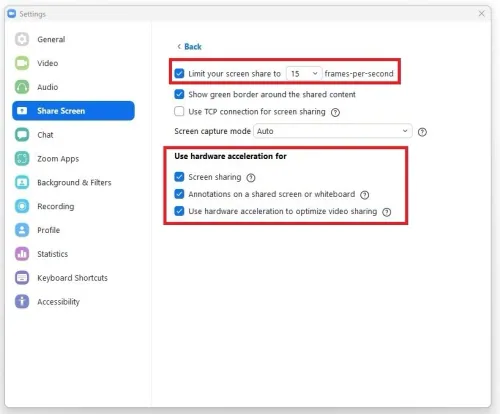 Use hardware acceleration for > Screen Sharing