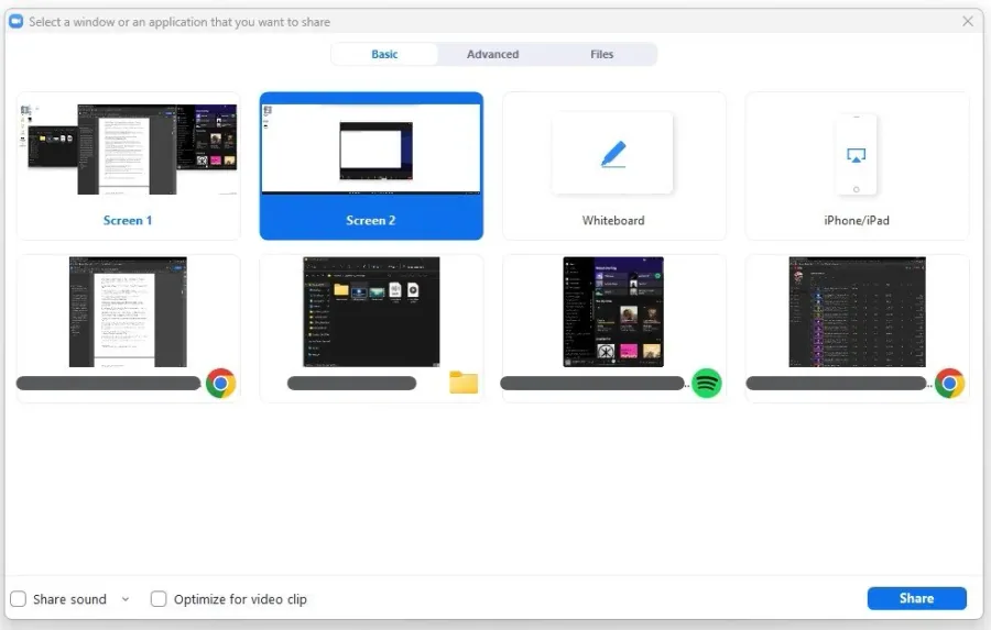 Select the screen you wish to share in the Zoom meeting
